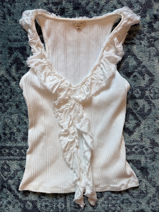 Pilcro Tops - Pilcro White Ribbed Tank with Ruffle V-Neck